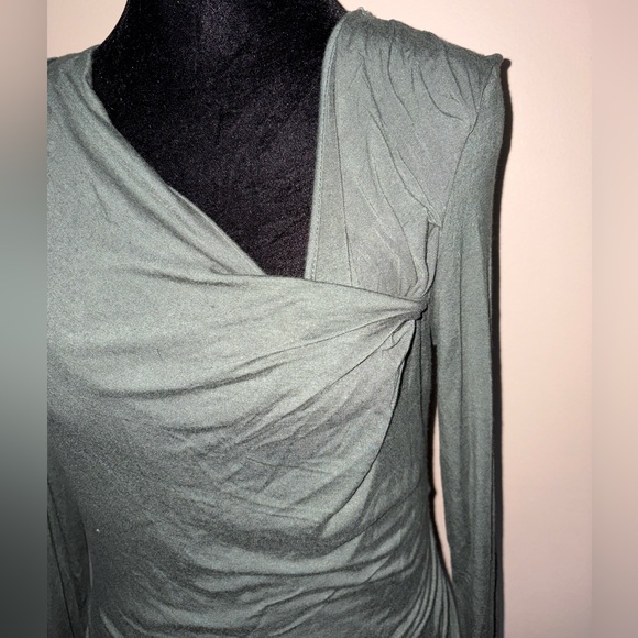 VENUS Asymmetrical Olive Long Sleeve Ruched Dress - Picture 3 of 9